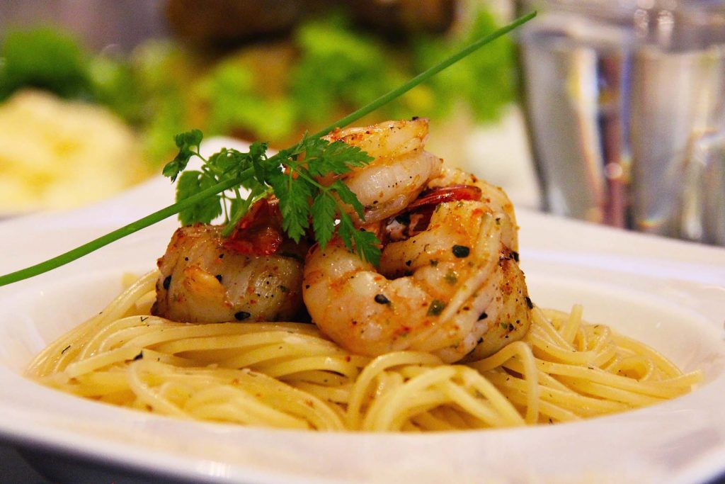 spaghetti, gamberi, scampi